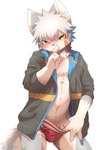 anthro bandage bandage_on_face black_clothing blue_highlights blush boxer_briefs cheek_tuft claws clothed clothing clothing_pull countershading facial_tuft finger_in_underwear front_view fur grey_body grey_fur hair highlights_(coloring) inner_ear_fluff jacket kemono looking_at_viewer male mouth_closed neck_tuft open_clothing open_topwear orange_eyes red_clothing red_underwear shota shush simple_background solo standing tail topwear tuft underwear underwear_pull white_background white_body white_fur white_hair young young_anthro young_male meowolf222 canid canine canis mammal wolf 2023 digital_drawing_(artwork) digital_media_(artwork) hi_res signature