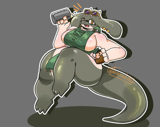 3_toes 4_fingers anthro apron apron_only barefoot bean big_breasts big_butt breasts butt claws clothing coffee_bean container cup curled_tail ear_piercing ear_ring eyebrows eyewear eyewear_on_head falling falling_over feet female finger_claws fingers floppy_ears frown glistening glistening_body glistening_breasts glistening_ears glistening_tail glistening_thighs green_apron green_clothing grey_background grey_body hairless half-closed_eyes holding_container holding_cup holding_object horn huge_breasts measuring_cup milk multicolored_body narrowed_eyes non-mammal_breasts open_frown open_mouth outline piercing ring_piercing shadow side_boob side_view simple_background slightly_chubby slightly_chubby_anthro slightly_chubby_female snout solo spill spilled_milk spilling_drink sunglasses sunglasses_on_head surprised tail tan_body thick_tail thick_thighs three-quarter_view toe_claws toes triangle_eyebrows white_eyebrows white_outline wide_hips teacash mythology latte_(sme4) dragon mythological_creature mythological_scalie scalie 2025 hi_res signature watermark widescreen