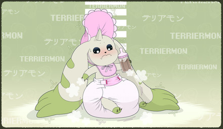 anthro baby_bonnet baby_bottle bib big_diaper blush bodily_fluids bonnet claws clean_diaper clothed clothing diaper diaper_fetish diaper_only fur green_body green_fur headgear headwear horn huge_diaper hyper_diaper sitting solo sweat sweatdrop text topless wearing_diaper white_diaper tenerius bandai_namco digimon digimon_(species) terriermon absurd_res english_text hi_res japanese_text