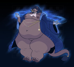 accessory anthro belly big_belly chain clothed clothing cosmic_background furgonomics gem gold_(metal) gold_chain hair_accessory jewelry male moobs muscular navel neckwear nipples open_clothing open_robe overweight overweight_anthro overweight_male robe robe_only solo star tail tail_accessory tail_tuft thick_thighs tuft wide_hips darkcresentskymin hugo_(darkcresentskymin) felid lion mammal pantherine hi_res