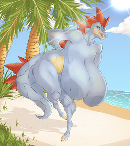 anthro areola beach bent_over big_breasts blue_areola blue_body blue_nipples breasts claws exposure_variation female front_view hanging_breasts huge_breasts hyper hyper_breasts leaning leaning_forward looking_at_viewer nipples nude open_mouth palm_tree plant red_eyes scales solo sun tail thick_thighs toe_claws tree dullvivid nintendo pokemon feraligatr generation_2_pokemon pokemon_(species) absurd_res digital_media_(artwork) hi_res