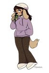 anthro beanie blush brown_body brown_fur brown_hair clothed clothing eyewear female fur glasses hair hand_in_pocket hat headgear headwear pockets simple_background solo sweater tail topwear white_background femmebun monster_energy sluppy_(sluppydoodles) canid canine canis domestic_dog mammal hi_res