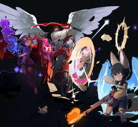 accessory anthro battle clothing cracked_ground electricity feral fire flower flower_in_hair footwear glowing glowing_eyes group hair hair_accessory halo horn magic male melee_weapon plant ranged_weapon religion robe sculpture space star statue sword trio weapon wings maiconsandey made_in_abyss alex_the_narehate jesus_christ supreme_calamitas_(terraria_mod) angel demon human lagomorph mammal narehate absurd_res hi_res