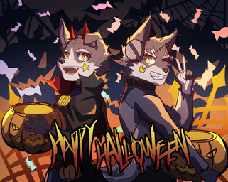 anthro candy dessert duo food horn jack-o'-lantern male screw silhouette sticker stitch_(sewing) wings delax tianhehui cloud_(tianhehui) tex_(tianhehui) bat canid canine canis hybrid mammal wolfdog hi_res