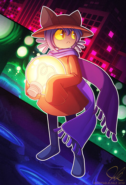 ambiguous_gender anthro blue_hair blue_scarf brown_clothing brown_coat brown_hat brown_headwear brown_topwear clothing coat hair hat headgear headwear light light_bulb looking_away looking_sideways outline pupils scarf slit_pupils solo text thin_eyebrows topwear white_outline yellow_eyes unnotablejulz oneshot niko_(oneshot) domestic_cat felid feline felis mammal 2021 artist_name dated hi_res lighting signature