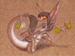 anthro bodily_fluids breasts female flexible food fruit legs_behind_head legs_up lying muscular muscular_arms nipples nude on_back plant simple_background solo sweat fuchs out-of-placers kassen_akoll mammal yinglet absurd_res hi_res traditional_media_(artwork)