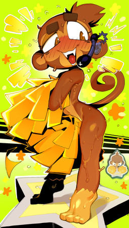 ambiguous_gender anthro blush blush_lines bodily_fluids brown_body brown_eyes brown_fur brown_hair covering covering_self curled_tail earpiece electronics emanata fangs fur green_background hair looking_away microphone nude open_mouth open_smile pom_poms simple_background smile solo sweat sweatdrop sweaty_body tail teeth tiptoes tongue goatboydraws bloons_tower_defense ninja_kiwi haplorhine mammal monkey primate hi_res