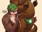 anthro asian_clothing belly big_belly bulge clothing duo east_asian_clothing fundoshi green_clothing green_fundoshi green_underwear hat headgear headwear japanese_clothing male moobs navel overweight overweight_male simple_background smile underwear senor_nutria rudderbutts mammal mustelid otter 2025 hi_res