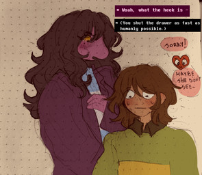 ambiguous_gender anthro black_clothing black_eyes black_hair black_shirt black_topwear blue_clothing blue_shirt blue_topwear blush bodily_fluids clothed clothing dialogue embarrassed female green_clothing green_sweater green_topwear group hair jacket long_hair looking_down open_clothing open_jacket open_topwear purple_body purple_clothing purple_jacket purple_scales purple_topwear scales shirt speech_bubble sweat sweater text topwear trio white_clothing white_shirt white_topwear yellow_clothing yellow_sclera yellow_sweater yellow_topwear sillysadduck deltarune undertale_(series) kris_dreemurr soul_(deltarune) susie_(deltarune) human lizard mammal reptile scalie soul_(undertale) english_text hi_res nonbinary_(lore)
