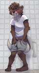 anthro barefoot bathroom biped blush bodily_fluids bottomwear bottomwear_down brown_body brown_fur brown_hair cheek_tuft clothed clothing countershade_face countershade_fur countershade_torso countershading embarrassed eyebrows eyes_closed facial_tuft feet fur genital_fluids grey_bottomwear grey_clothing grey_shorts hair head_tuft hindpaw inside male male_peeing neck_tuft omorashi open_mouth partially_clothed paws peeing pink_tongue shirt shorts shorts_down solo standing sweat teeth text tile tile_wall toilet tongue topwear tuft urine urine_on_clothing urine_on_leg wall_(structure) wet wet_bottomwear wet_clothing wet_shorts wetting white_clothing white_shirt white_topwear citris river_(astor_the_wolf) mammal mustelid otter 2024 absurd_res artist_name digital_media_(artwork) full-length_portrait hi_res portrait shaded