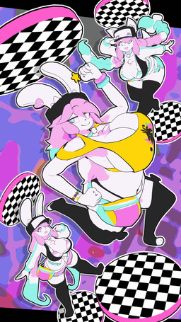 abstract_background anthro bent_over big_breasts black_clothing black_footwear black_hat black_headwear black_legwear black_socks black_thigh_highs black_thigh_socks black_thong black_underwear blue_bra blue_clothing blue_eyes blue_shirt blue_topwear blue_underwear bottomwear bra bracelet braided_hair breasts checkered cleavage clothed clothing digit_ring ear_piercing female finger_ring footwear fur group hair hat headgear headwear huge_breasts inner_ear_fluff jacket jewelry legwear long_hair open_mouth pattern_bra pattern_clothing pattern_topwear pattern_underwear piercing pigtails pink_bottomwear pink_bra pink_clothing pink_hair pink_shorts pink_underwear running shirt shorts side_boob smile smiling_at_viewer socks striped_bra striped_clothing striped_topwear striped_underwear stripes thick_thighs thigh_highs thigh_socks thong toeless_thigh_highs topwear trio tuft twin_braids twintails_(hairstyle) underwear white_body white_clothing white_fur white_jacket white_topwear wide_hips yellow_clothing yellow_shirt yellow_topwear cryptiacurves cryptiacurves_(modeler) butter_(theycallhimcake) cream_(theycallhimcake) pb_(theycallhimcake) canid canine lagomorph leporid mallkin mammal rabbit 3d_(artwork) 9:16 absurd_res digital_media_(artwork) full-length_portrait hi_res portrait busty_boy_(lore) male_(lore)