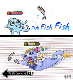 4_toes blue_body blue_eyes blue_skin blush bodily_fluids chest_tuft claws dipstick_tail duo_focus feet female feral fish_meat food fur gameplay_mechanics group gui health_bar humor male markings meat motion_blur motion_lines multicolored_tail pink_nose purple_body purple_fur saliva snout tail tail_markings text toes tongue tongue_out trio tuft yellow_body yellow_fur wei_miao jojo's_bizarre_adventure league_of_legends riot_games tencent to_be_continued_meme fizz_(lol) yuumi_(lol) aquatic domestic_cat felid feline felis fish mammal shark yordle absurd_res english_text hi_res meme