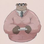 anthro book brown_body brown_fur clothing eyes_closed eyewear fur glasses kemono male necktie overweight overweight_anthro overweight_male shirt simple_background solo topwear dumdum bear mammal 1:1 2021 hi_res