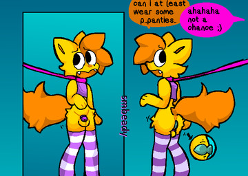 anal anal_penetration anthro backsack balls bottomless butt buttplug buttplug_in_ass buttplug_insertion buttplug_vibrator chastity_cage chastity_device clothed clothing collar crop_top dialogue embarrassed femboy footwear fur genitals hair leash leash_pull legwear male mirror multiple_angles object_in_ass offscreen_character offscreen_dominant orange_hair orange_tail pattern_clothing pattern_footwear pattern_legwear pattern_socks penetration penis plug_(sex_toy) plug_insertion purple_stripes sex_toy sex_toy_in_ass sex_toy_insertion shirt socks solo standing striped_clothing striped_footwear striped_legwear striped_socks stripes submissive tail topwear vibrator wearing_chastity_cage wearing_chastity_device yellow_body yellow_fur smbeady domestic_cat felid feline felis mammal 2024 digital_media_(artwork)