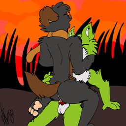anthro anus butt duo female green_body holding_butt holding_face howl knot_fucking male male/female multicolored_body pawpads paws penetration penile penile_penetration raised_paw raised_tail sex sunset tail piperis caroline_the_mutt jaden_the_jackal