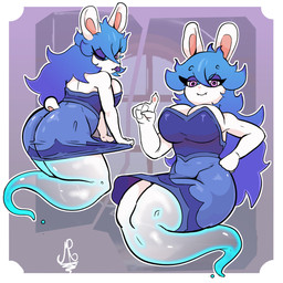 anthro big_breasts big_butt big_hair blue_hair breasts butt cleavage clothed clothing cotton_tail dress eyelashes eyeshadow fangs female front_view fur gesture ghost_tail hair hand_on_hip huge_butt long_hair looking_at_viewer looking_back looking_back_at_viewer makeup multicolored_hair multiple_poses one_eye_closed pink_nose pose purple_background purple_clothing purple_dress purple_eyes purple_eyeshadow purple_hair purple_tongue rear_view side_boob simple_background smile solo teeth thick_thighs tongue tongue_out translucent translucent_body two_tone_hair white_background white_body white_fur wide_hips wink winking_at_viewer mrn0b0dy20 mario_bros mario_plus_rabbids_sparks_of_hope nintendo raving_rabbids rayman_(series) ubisoft midnite_(mario_plus_rabbids) ghost lagomorph leporid mammal rabbid rabbit spirit 1:1 hi_res