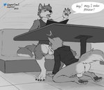 anthro anus backsack balls bottomless butt casual_sex clothed clothing dialogue duo feet fellatio genitals hoodie inside kneeling male male/male menu oral partially_clothed pawpads penile restaurant sex shirt speech_bubble spread_legs spreading stealth_sex tank_top text topwear under_table wagnermutt mutt_(wagnermutt) canid canine canis domestic_dog mammal 2023 absurd_res english_text greyscale hi_res monochrome sketch