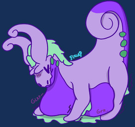 embarrassed feral goo_hair lying on_front pseudo_hair purple_body purple_skin raised_tail rumbling_stomach shaky_legs simple_background slime solo tail thick_tail transparent_background vore fizulp nintendo pokemon generation_6_pokemon goodra pokemon_(species) alpha_channel