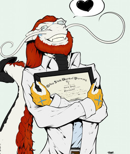 anthro beard belt black_heart_symbol bodily_fluids claws clothing coat crying facial_hair hair heart_symbol lab_coat license male ohio pharmacist plaque red_hair simple_background solo speech_bubble tail tears tears_of_joy teeth text topwear white_body pandottermon mythology ohio_state_board_of_pharmacy dragon mythological_creature mythological_scalie scalie 2019 colored dated english_text hi_res signature