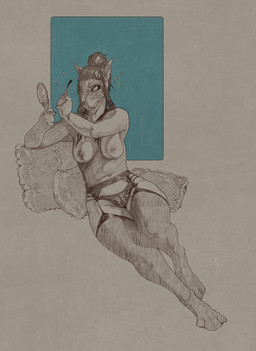 abstract_background applying_makeup areola bangs breasts brush clothed clothing female frown garter_belt garter_straps hair hair_bun holding_brush holding_mirror holding_object leaning lingerie looking_at_mirror looking_at_object makeup mirror navel nipples panties paws personal_grooming sitting solo sparkles topless underwear flowerdino charlouise bull_terrier canid canine canis domestic_dog hunting_dog mammal terrier digital_drawing_(artwork) digital_media_(artwork) hatching_(art) hi_res restricted_palette shaded