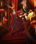 anthro ball_gown breasts candle candlestick cleavage clothed clothing dress female food fruit fully_clothed hair hand_holding jack-o'-lantern male mask orange_hair plant pumpkin suit toughset humanoid kangaroo macropod mammal marsupial digital_media_(artwork) hi_res