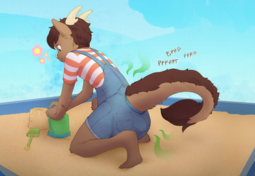 anthro brown_body brown_fur brown_hair bucket clothed clothing container diaper diaper_under_clothing facial_horn feces fur green_eyes hair horn male nose_horn oblivious onomatopoeia outside overalls pattern_clothing pattern_shirt pattern_topwear playing pooping sand sand_castle sandbox sculpture shirt shortalls shovel smile soiled_diaper soiling soiling_diaper solo sound_effects stink_fumes stink_lines striped_clothing striped_shirt striped_topwear stripes t-shirt tail tail_mane tail_tuft text tools topwear tuft unclean_diaper used_diaper using_diaper wearing_diaper young young_anthro young_male daydreamed mythology starbuck dragon furred_dragon furred_scalie mythological_creature mythological_scalie scalie 2024 hi_res