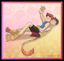 anthro black_border border bottomwear clothing conjoined duo hand_holding hand_on_belly lying male male/male merging on_back pattern_background pawpads plantigrade shirt shorts simple_background tail tank_top topwear transformation hydez domestic_cat felid feline felis haplorhine human mammal monkey primate hi_res