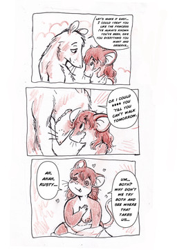 anthro biped breasts dialogue duo female fur hair male male/female simple_background size_difference smaller_female speech_bubble tail text bedupolker mariella_mazatzal rusty_reavis cricetid deer_mouse mammal mouse murid murine rodent comic english_text hi_res trans_(lore) trans_man_(lore)