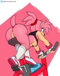 4_fingers abstract_background accessory alternate_breast_size alternate_costume alternate_form anthro anthrofied anus athletic athletic_anthro athletic_female big_butt biped black_nose bluesky_handle bodily_fluids bottle bottomless bottomless_anthro bottomless_female breasts breath butt clothed clothed_anthro clothed_female clothing cloud_emanata container countershade_anus countershade_face countershade_genitalia countershade_pussy countershade_torso countershading emanata exercise_bike exercise_clothing exercise_equipment exposure_variation eyelashes female fingerless_gloves fingers footwear genitals gloves green_eyes hair hair_accessory hair_tie handwear pink_body ponytail pussy raised_tail scrunchie shoes short_tail simple_background sneakers socks solo sweat sweaty_breasts sweaty_butt sweaty_legs sweaty_thighs tail tied_hair tight_clothing topwear under_boob water_bottle white_clothing white_footwear white_socks tkraccoon sega sonic_the_hedgehog_(series) amy_rose hi_res