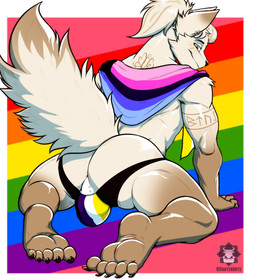 5_toes abstract_background anthro anus arm_tuft athletic athletic_anthro balls balls_outline biped black_eyebrows black_nose black_toe_claws bottomwear brown_body bulge butt claws clothed clothing demiomnisexual_pride_colors demisexual_pride_colors detailed_bulge dipstick_tail ear_piercing ear_ring eyebrows facial_markings facial_tuft feet flag fluffy fluffy_tail genital_outline genital_piercing genitals gloves_(marking) green_eyes hair head_markings humanoid_feet ineffective_clothing jockstrap jockstrap_only leg_markings lgbt_pride looking_at_viewer looking_back looking_back_at_viewer male markings mostly_nude multicolored_body multicolored_clothing multicolored_underwear nonbinary_pride_colors olive_eyes omnisexual_pride_colors piercing pink_anus plantigrade ponytail presenting presenting_hindquarters pride_color_flag pride_colors rainbow_flag rainbow_pride_flag rainbow_symbol ring_piercing rune_markings runes scrotum_piercing shoulder_tuft simple_background skimpy smile smiling_at_viewer smirk smirking_at_viewer socks_(marking) solo tail tail_markings tan_hair text tied_hair toe_claws toes topless topless_anthro topless_male tuft two_tone_body underwear underwear_only khayen lgbt_pride_month vyn_(vyncoris) 2026 absurd_res artist_name colored digital_drawing_(artwork) digital_media_(artwork) english_text hi_res shaded signature nonbinary_(lore)