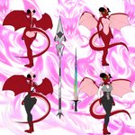 anthro armor clothed clothing female green_eyes horn melee_weapon nude pink_body pink_scales polearm red_body red_scales scales solo spear sword tail weapon wings wallyroo mythology elodrea_(jackwolf) dragon mythological_creature mythological_scalie scalie 1:1 absurd_res hi_res model_sheet