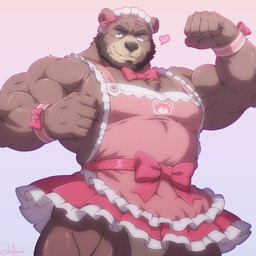 5_fingers anthro apron barazoku beard biceps black_nose bottomwear bow_tie brown_body brown_fur chest_tuft clothed clothing crossdressing deltoids dress eyebrows facial_hair fingers flexing flexing_bicep fur heart_symbol looking_at_viewer maid_apron maid_headdress male muscular muscular_anthro muscular_male pink_clothing pink_dress simple_background skirt smile smiling_at_viewer solo standing tuft funeral-paws bear mammal 1:1 2026 digital_media_(artwork) hi_res portrait signature three-quarter_portrait