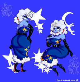 abstract_background anthro armwear big_breasts big_butt blue_background blue_body blue_clothing blue_dress blue_skin breasts butt clothed clothing cloud dress elbow_gloves female fluffy fluffy_hair fully_clothed fully_colored gloves hair handwear huge_butt markings simple_background slim star_(marking) suggestive thick_thighs yanisp5 deltarune undertale_(series) elnina_(deltarune) lanino_(deltarune) air_creature bovid canid canine canis caprine darkner domestic_dog elemental_creature humanoid living_cloud mammal poodle sheep hi_res