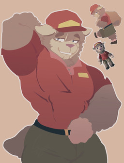 anthro badge belt bottomwear chibi clothing collared_shirt ears_down fur hair hand_behind_head hand_on_belt hat headgear headwear male muscular muscular_anthro muscular_male neck_tuft nub_tail outline pants pivoted_ears polo_shirt shirt simple_background smile solo tail topwear tuft zappyron piggy_(roblox) aj_alpaca_(piggy) alpaca camelid mammal digital_drawing_(artwork) digital_media_(artwork) hi_res lineless shaded