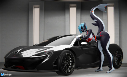 anthro bent_over big_breasts big_butt big_tail bikini black_border black_car blue_hair border breasts butt car clothing curvy_figure female garage hair jewelry looking_at_viewer multicolored_body orange_eyes red_bikini red_clothing red_swimwear solo sports_car swimwear tail thick_thighs two-piece_swimsuit two_tone_body vehicle wide_hips rileyarlic_(artist) valorlynz_(modeler) mclaren mclaren_p1 zea_nalya aquatic cetacean dolphin mammal oceanic_dolphin orca toothed_whale 3d_(artwork) absurd_res digital_media_(artwork) hi_res