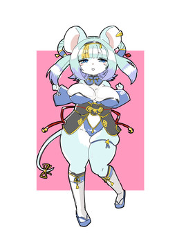 accessory anthro armor asian_clothing belly_cutout blue_eyes blue_hair border bow_ribbon breast_squish breasts cleavage clothed clothing cutout ear_piercing east_asian_clothing female footwear fur furgonomics hair highlights_(coloring) japanese_armor japanese_clothing kemono leotard on_one_leg piercing pigtails pink_background ribbons simple_background socks solo squish standing tabi_socks tail tail_accessory tail_bow tail_ribbon thick_thighs thigh_squish white_body white_border white_fur zori shinobe mammal mouse murid murine rodent absurd_res hi_res