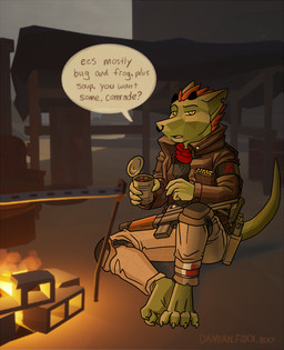 4_toes anthro armband bandage bandaged_leg barefoot campfire can chopsticks clothing container dialogue facial_piercing feet fire food green_body gun handgun holding_can holding_chopsticks holding_container holding_object holster jacket knee_pads looking_at_viewer male nose_piercing nose_ring offering_food on_ground piercing pistol ranged_weapon rifle ring_piercing scarf screencap screencap_background sitting solo speech_bubble tail talking_to_viewer tapering_tail text toes topwear weapon yellow_eyes neoneon project_silverfish damian_fox_(neoneon) inheritor lizard reptile scalie 2026 english_text hi_res url