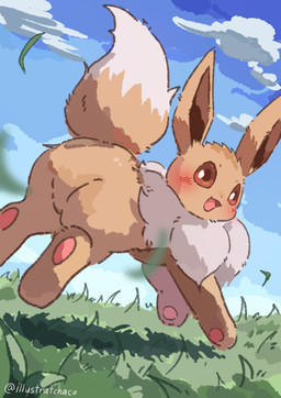 ambiguous_gender blush blush_lines brown_body brown_eyes brown_fur butt cloud feral fur grass looking_at_viewer looking_back open_mouth pawpads plant raised_tail running sky solo tail tongue chaco_(illustrattyako) nintendo pokemon eevee generation_1_pokemon pokemon_(species) 2025 absurd_res hi_res signature