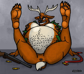 5_toes anthro antlers anus arm_support backward_arm_support barefoot belly belly_hair big_belly big_muscles big_pecs biped black_eyebrows black_fingernails black_nails black_nose black_toe_claws body_hair bottomless bottomless_anthro bottomless_male brown_anus brown_body brown_fur brown_nose bullet butt butt_from_the_front claws clenched_teeth clothed clothing colored_nails digit_ring ears_outwards erect_nipples eyebrows feet feet_up fingernails foot_fetish foot_focus fur glance grin grinning_at_viewer gun head_tuft horn huge_belly humanoid_feet humanoid_hands humanoid_heel inside jewelry kerchief legs_up looking_aside looking_aside_at_viewer looking_at_viewer male moobs mostly_nude mostly_nude_anthro mostly_nude_male multicolored_body multicolored_fur muscular nails navel nipples obese obese_anthro obese_male open_clothing open_mouth open_smile open_topwear open_vest outie_navel overweight overweight_anthro overweight_male pawpads pecs pivoted_ears plantigrade pose presenting presenting_hindquarters ranged_weapon red_kerchief ring scut_tail short_tail shotgun sitting smile smiling_at_viewer smirk smirking_at_viewer soles solo spread_butt spreading stretching tail tail_between_buttocks teasing teasing_viewer teasing_with_butt teasing_with_feet teeth text toe_claws toe_ring toes toothy_grin topwear topwear_only torn_clothing torn_vest tuft two_tone_body two_tone_fur two_tone_tail vest vest_only weapon white_body white_fur sayrantesis deer_avenger bambo deer mammal 2024 colored digital_drawing_(artwork) digital_media_(artwork) english_text pinup shaded signature