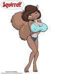 anthro big_breasts big_tail bottomwear breasts brown_body brown_fur brown_hair buckteeth cleavage clothed clothing copyright_symbol denim denim_bottomwear denim_clothing denim_shorts dialogue eyelashes female fluffy fluffy_tail fur hair hands_behind_back long_hair looking_at_viewer midriff nipple_outline shorts solo speech_bubble symbol tail teeth text doug_winger mammal rodent sciurid tree_squirrel 2002 english_text