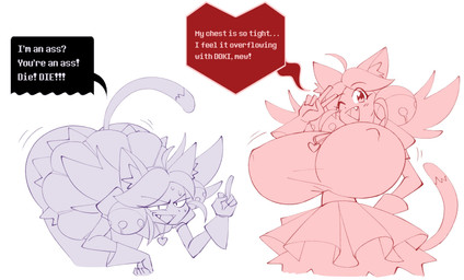 accessory angry animal_ears antenna_hair ass_up bell bent_over big_breasts big_butt bodily_fluids bottom_heavy bottomwear breasts butt cat_tail clothing constricted_pupils cowlick dipstick_tail duo fangs female female_humanoid flipping_viewer_off frilly frilly_bottomwear frilly_clothing frilly_skirt furrowed_eyebrows gesture gloves hair hair_accessory hand_behind_back hand_gesture handwear happy huge_breasts huge_butt huge_hips huge_thighs inner_ear_fluff markings middle_finger nipple_outline one_eye_closed open_mouth open_smile pink_body pink_clothing pink_hair pupils purple_body purple_clothing purple_hair shake_lines short_hair skirt small_breasts small_pupils small_waist smile sweat tail tail_markings take_your_pick teeth text thick_thighs tied_hair top_heavy tuft v_sign wide_hips wink sepiascribe deltarune undertale_(series) irritable_ghost_(deltarune) mad_mew_mew mew_mew_(undertale) pink_(deltarune) animal_humanoid felid felid_humanoid feline feline_humanoid humanoid mammal mammal_humanoid 2026 digital_drawing_(artwork) digital_media_(artwork) english_text hi_res