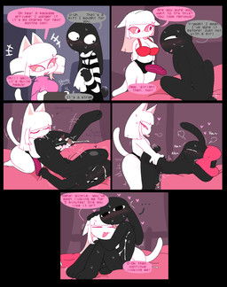 anal anal_penetration anthro bed biped black_body black_fur blush bodily_fluids breasts clothed clothing dialogue duo ejaculation erection female female_penetrating female_penetrating_male female_rimming female_rimming_male fingers fur furniture genitals glans hair hands-free heart_symbol male male/female male_penetrated object_in_ass on_bed open_mouth open_smile oral pegging penetration penis rimming rimming_male sex sex_toy sex_toy_in_ass sex_toy_insertion side_view smile speech_bubble strapon sweat tail text topwear toying_partner white_body white_fur white_hair white_tail snazzle_snapp domestic_cat felid feline felis lagomorph leporid mammal rabbit comic english_text hi_res