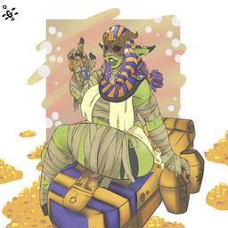 bandage clothing dreadlocks ear_piercing egyptian egyptian_clothing egyptian_headdress female headdress headgear headwear horn jewelry muscular muscular_female muscular_humanoid necklace nemes_(clothing) not_furry piercing sitting slightly_chubby smile solo uraeus usekh dannyg diona_(dannyg) humanoid mummy orc undead 1:1 hi_res