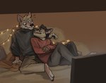 anthro barefoot biped blue_eyes blush bottomwear brown_hair clothed clothing cuddling duo embarrassed feet hair male male/male red_clothing sitting topwear mawfulme canid canine canis domestic_dog mammal 2021 hi_res