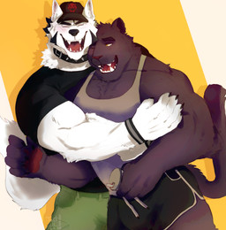 anthro beverage biceps black_hair bottomwear clothed clothing collar container cup duo emblem eyes_closed fur hair hat headgear headwear holding_object hug jewelry male melanistic muscular muscular_anthro muscular_male nipples open_mouth paws shirt shorts simple_background smile tail tank_top teeth tongue topwear white_body white_fur wristband tost_gh mario_bros nintendo bowser langdon_marston ramzes canid canine canis domestic_dog felid feline felis husky jaguar koopa mammal nordic_sled_dog pantherine reptile scalie spitz absurd_res hi_res