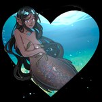 black_hair blue_eyes breasts dark_body dark_skin female hair jewelry long_hair medium_breasts mermaid_tail necklace necklace_only nude solo split_form cogamori humanoid 1:1 alpha_channel