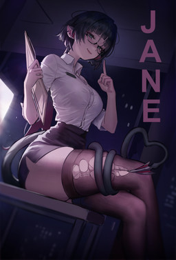 big_breasts black_bottomwear black_clothing black_hair black_miniskirt black_skirt bottomwear breasts chair clipboard clothing crossed_legs ear_piercing eyewear female furniture gesture glasses green_eyes hair hand_gesture heart_tail holding_clipboard holding_object inside looking_at_viewer miniskirt office_lady on_chair pencil_skirt piercing pointy_ears raised_finger raised_index_finger shirt sitting sitting_on_chair skirt smile smiling_at_viewer solo spade_tail tail tail_around_leg text topwear torn_thigh_highs wearing_glasses white_clothing white_shirt white_topwear hyuk_art mihoyo zenless_zone_zero jane_doe_(zenless_zone_zero) animal_humanoid humanoid mammal mammal_humanoid murid murid_humanoid murine murine_humanoid rat_humanoid rodent rodent_humanoid tailed_humanoid thiren absurd_res character_name digital_drawing_(artwork) digital_media_(artwork) english_text hi_res