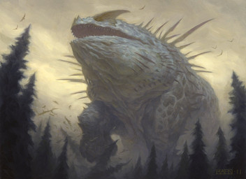 ambiguous_gender feral forest low-angle_view macro open_mouth outside plant solo teeth tree walking chris_rahn hasbro magic:_the_gathering wizards_of_the_coast ambient_bird species_request 2011 hi_res official_art traditional_media_(artwork)