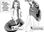 breasts duo female hair humor long_hair nipples nude simple_background smile split_form take_your_pick text the_mermaid_problem what white_background furuya_usamaru fish human hybrid mammal marine merfolk reverse_mermaid 1998 black_and_white english_text monochrome