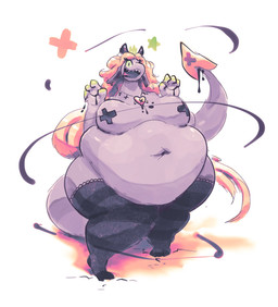 2_horns 3_toes 4_fingers anthro belly big_belly big_breasts biped breasts claws clothing corruption cracked_ground cracks crown ear_piercing ear_ring feet female female_anthro fingers floppy_ears green_star hair headgear heart_necklace horn huge_belly lace lace_stockings legwear long_hair mostly_nude mostly_nude_anthro mostly_nude_female navel nipple_tape obese obese_anthro obese_female open_mouth orange_hair overweight overweight_anthro overweight_female pasties pattern_clothing pattern_legwear pattern_stockings piercing princess purple_body purple_ears purple_horn purple_stocking purple_tail purple_tongue ring_piercing ringed_eyes royalty sharp_teeth solo spade_tail stockings striped_clothing striped_legwear striped_stockings stripes tail tape teeth thick_tail thick_thighs toes tongue wide_hipped_anthro wide_hipped_female wide_hips yellow_claws miluinaoxie mythology dragon mythological_creature mythological_scalie scalie 2022 colored hi_res